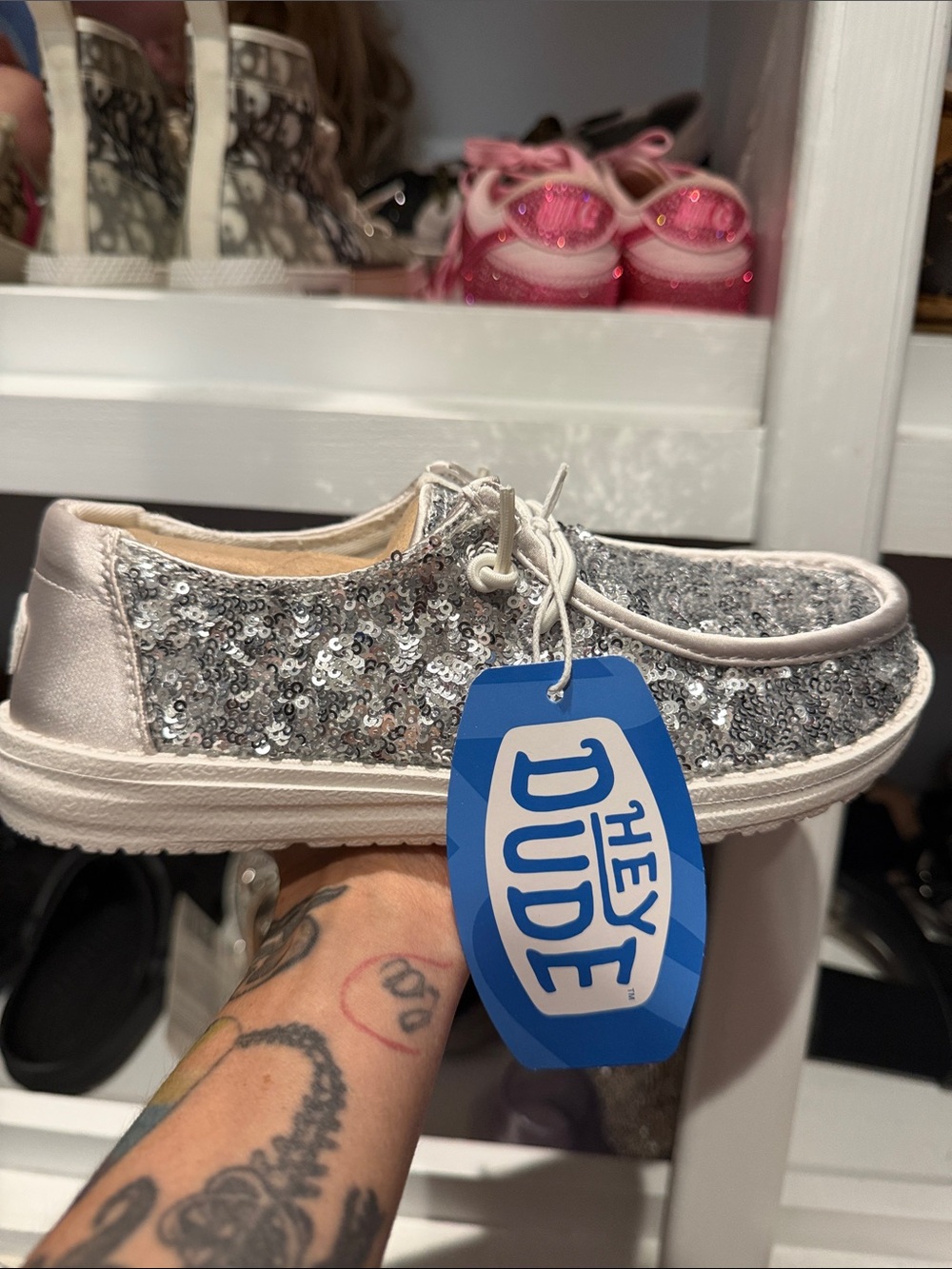Hey Dude Silver Sequin Lace-Up Sneaker
